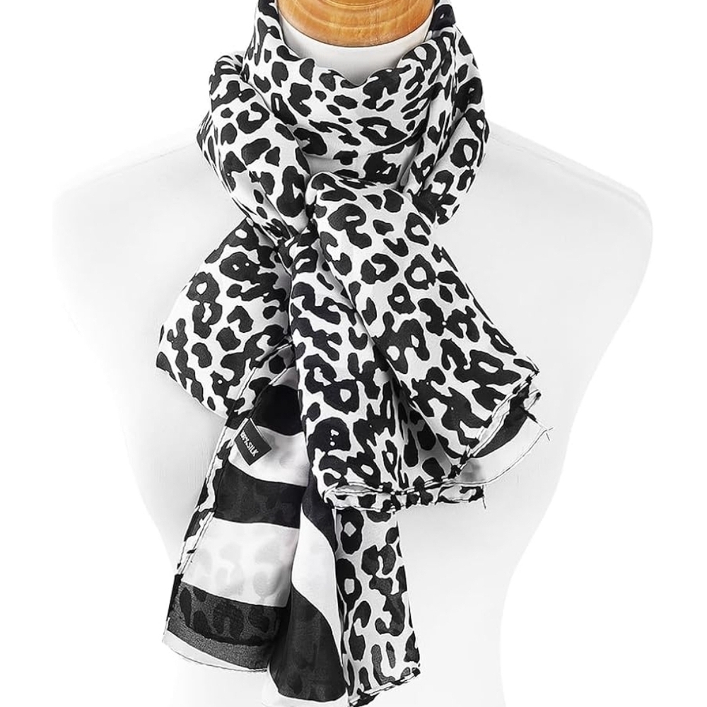 Animal Print Silk FeelChic Black and White Leopard Print Scarf